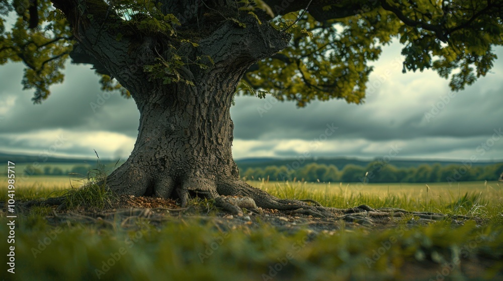 Fototapeta premium Resilient tree with deep roots in serene landscape