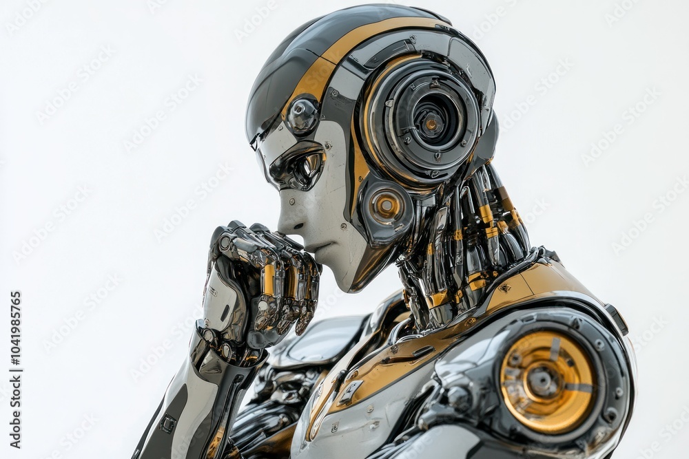Humanoid Robot in Thoughtful Pose with Metallic Finish Humanoid Robot in Thoughtful Pose with Metallic Finish