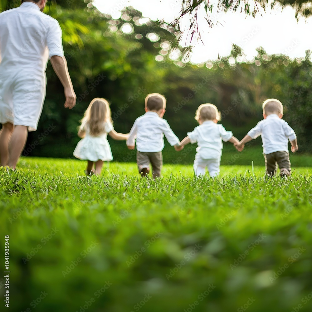 Obraz premium Children in White Attire Joyfully Running Through Lush Green Grass on a Sunny Day