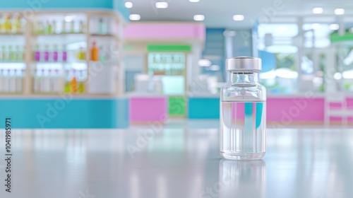 Vial and syringe in a colorful pharmacy setting for healthcare design.