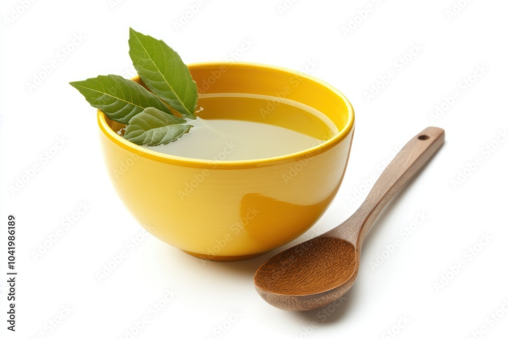 Fresh Yellow Bowl with Herbs and Spoon Fresh Yellow Bowl with Herbs and Spoon
