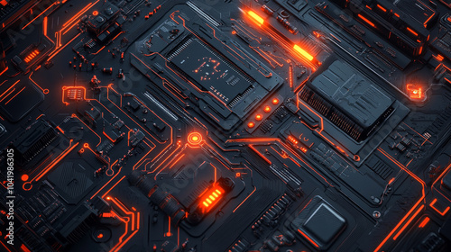 Include prominent microchips, transistors, resistors, and other digital components, strategically placed along the circuit.