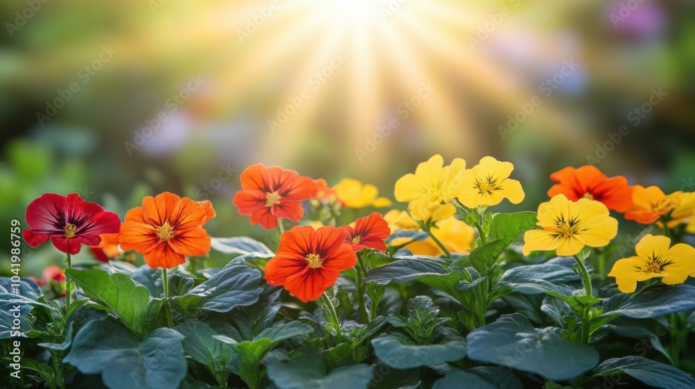 Vibrant flowers bask in the warm glow of the sun, creating a colorful garden scene, AI