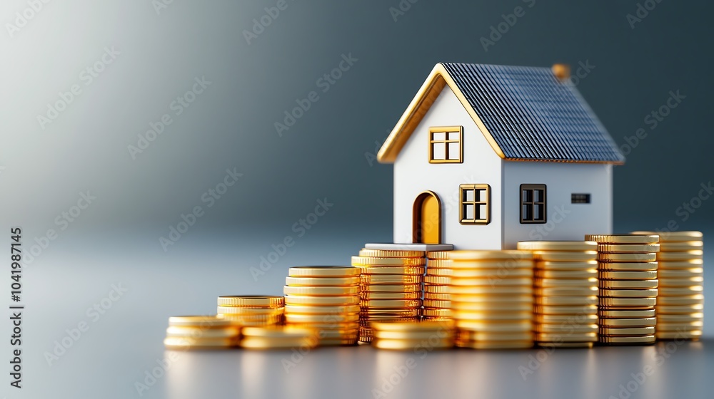 Model house on coins, white isolate background Model house on coins, white isolate background