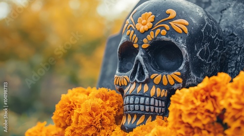 A decorated skull surrounded by vibrant orange marigolds, symbolizing the Day of the Dead celebration and honoring deceased loved ones. photo