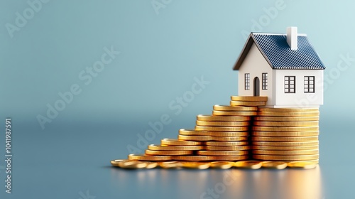 Model house on coins, representing real estate.