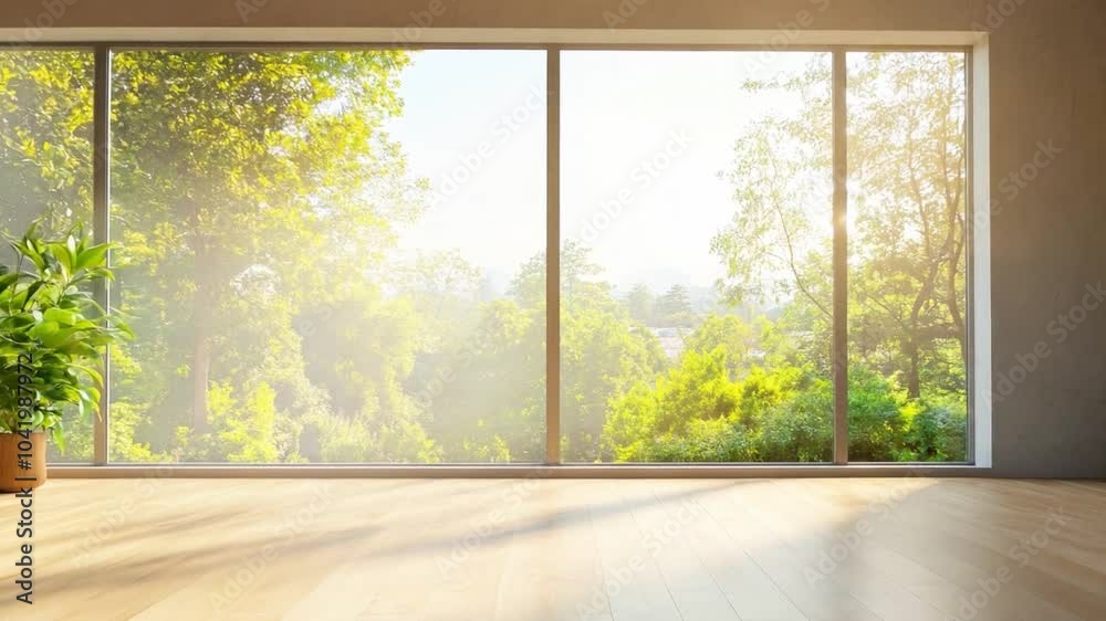 A spacious room interior filled with morning light, featuring large windows that display vibrant greenery and trees outside A spacious room interior filled with morning light, featuring large windows that display vibrant greenery and trees outside