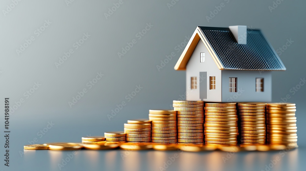 House model with coins on gradient background House model with coins on gradient background