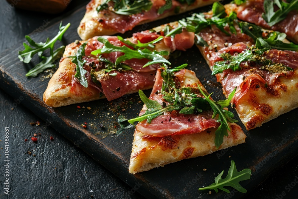 Delicious Pizza with Ham and Arugula on a Wooden Board Delicious Pizza with Ham and Arugula on a Wooden Board