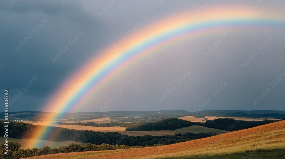 Naklejka premium Vibrant Rainbow Over Serene Rural Landscape