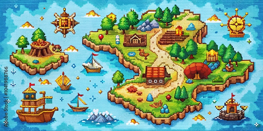 Naklejka premium Pixel Art Treasure Map for 8-Bit Game with Double Exposure Effect on White Background