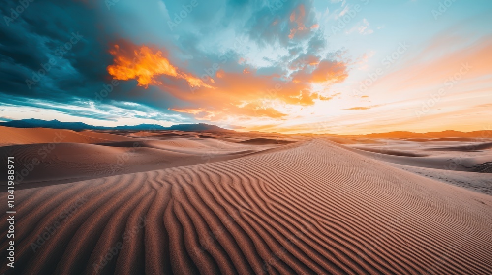 A desert landscape with a beautiful orange and pink sky. The sky is filled with clouds and the sun is setting. The scene is peaceful and serene A desert landscape with a beautiful orange and pink sky. The sky is filled with clouds and the sun is setting. The scene is peaceful and serene