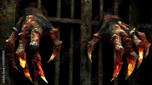 Two demonic, clawed hands with fire glowing on their tips reach through rusty prison bars.