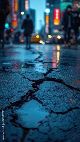 busy city street showcasing a cracked road from an earthquake with blurred background elements emphasizing the disruption and damage caused by natural disasters