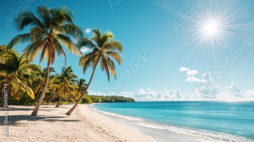 Bright Tropical Beach with Shining Sun and Palm Trees