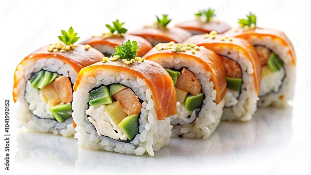 Delicious sushi rolls on a white background Delicious sushi rolls on a white background