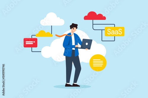 Flat illustration of businessman works on laptop engaging with cloud computing software for SaaS applications and client subscription