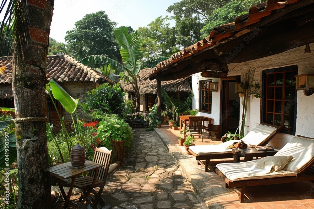 Obraz premium Charming rustic courtyard with lush greenery, featuring cozy wooden furniture and traditional clay roof tiles under a serene blue sky