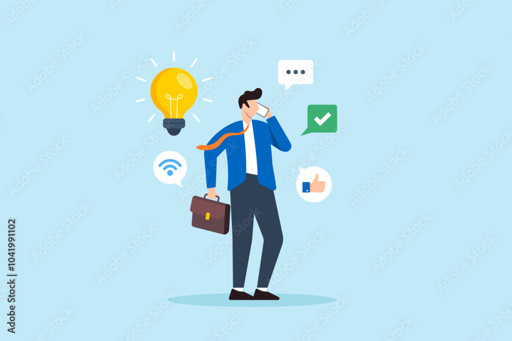 Flat illustration of smart businessman discusses ideas on phone promoting good communication skills for success Flat illustration of smart businessman discusses ideas on phone promoting good communication skills for success