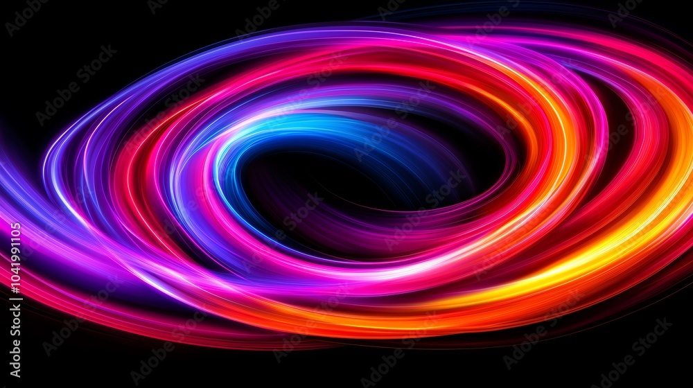 Obraz premium Colorful light trails swirling in an abstract spiral on a black background.