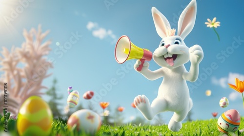 Energetic Easter bunny with megaphone in springtime celebration design