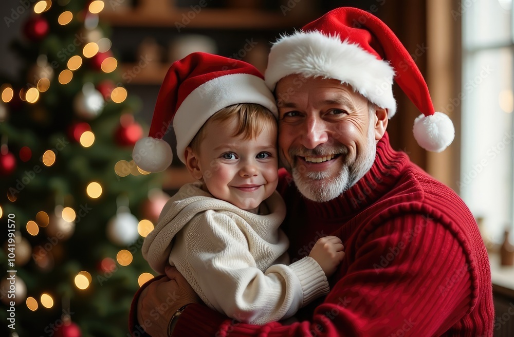 father and son are sitting near the Christmas tree father and son are sitting near the Christmas tree