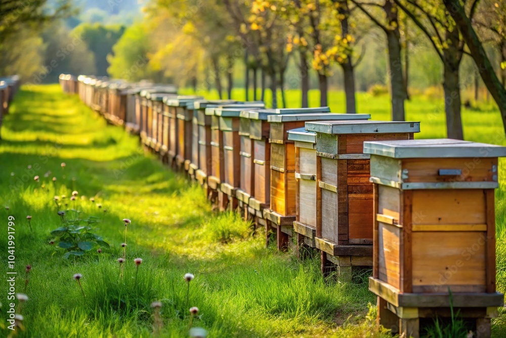 Row of beehives waiting for season in nature Row of beehives waiting for season in nature