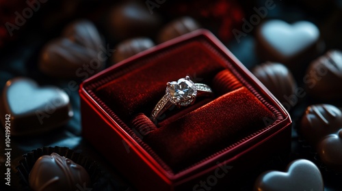 Diamond engagement ring in a red velvet box surrounded by heart shaped chocolates.