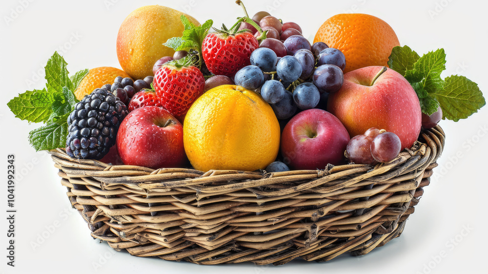A vibrant assortment of fresh fruits arranged in a wicker basket isolated on white background, showcasing a variety of colors and textures. A vibrant assortment of fresh fruits arranged in a wicker basket isolated on white background, showcasing a variety of colors and textures.