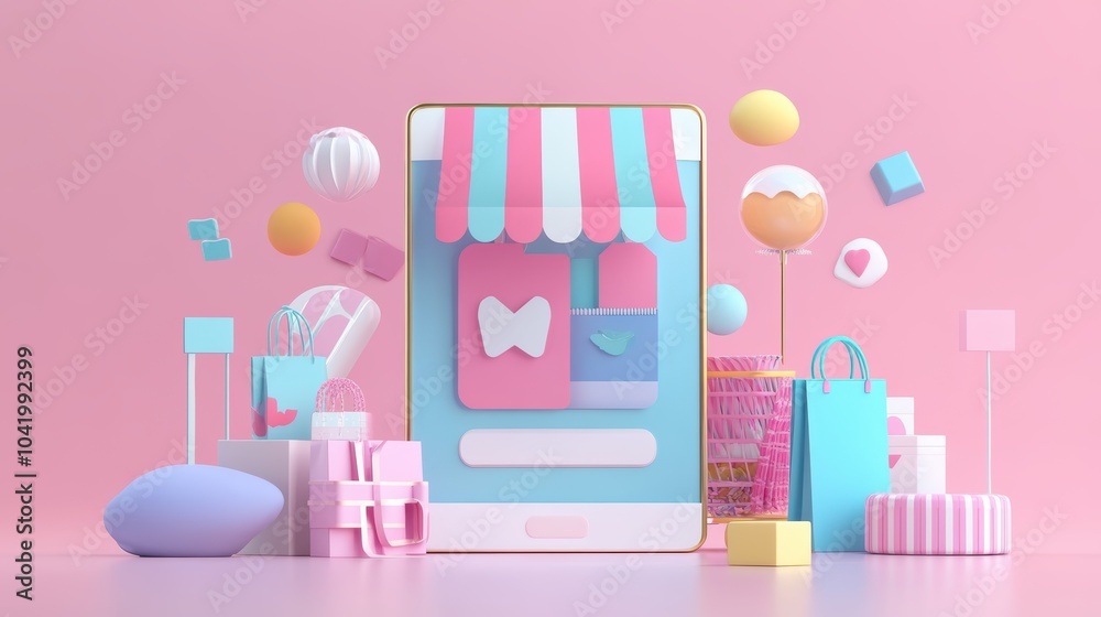 3D Minimal online shopping on smartphone application service, digital marketing, online buying, and online payment, summer or big sale, payment, discount for credit, 3D render, Generate AI