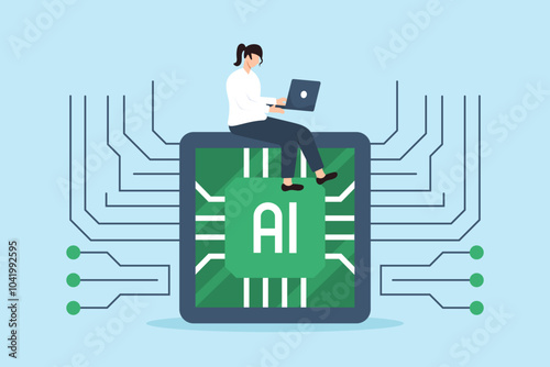 Flat illustration of woman works with laptop on AI chip showcasing technology role in enhancing productivity