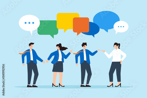 Flat illustration of business team discusses work in meeting exchanging ideas with speech bubbles illustrating conversation