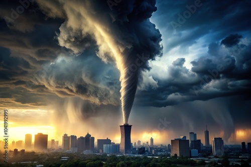 Silhouette of large tornado in urban city during evening sunset