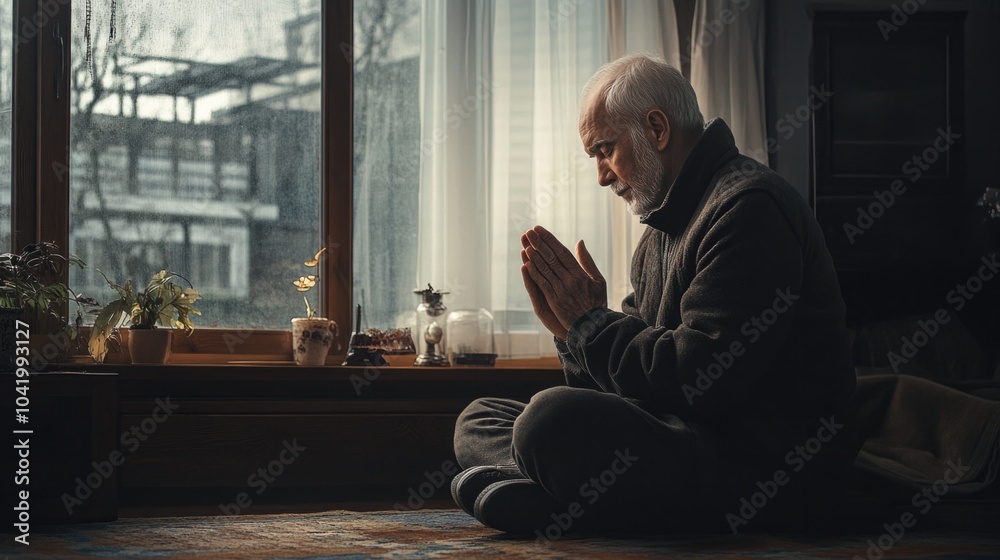 Elderly Man in Prayer. Elderly man sitting in front of the window and praying. Elderly Man in Prayer. Elderly man sitting in front of the window and praying.