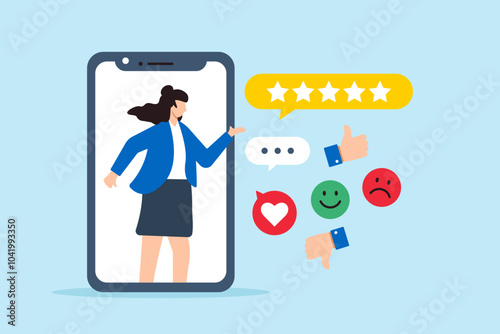 Flat illustration of woman on mobile device gives rating providing feedback on customer experience and satisfaction