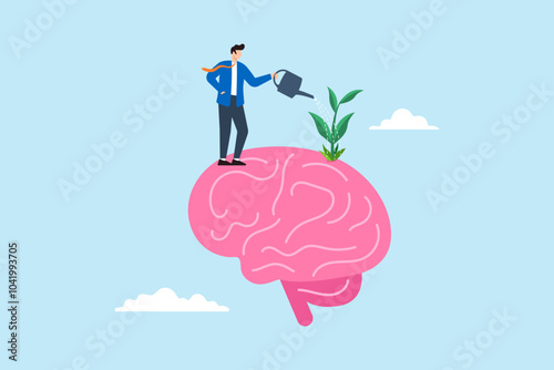 Flat illustration of businessman watering growth seedling on big brain symbolizing growth mindset for learning and improvement