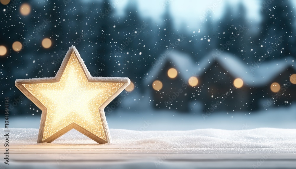 A glowing star decoration stands in the snow, with soft, twinkling lights and blurred wooden houses in the background, evoking a warm winter ambiance. A glowing star decoration stands in the snow, with soft, twinkling lights and blurred wooden houses in the background, evoking a warm winter ambiance.