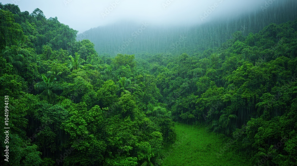 Gentle Rain Falling on Lush Green Forest Landscape Gentle Rain Falling on Lush Green Forest Landscape