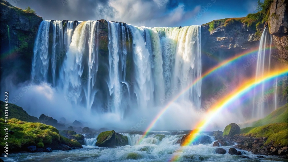 Fototapeta premium Symmetrical rainbow mist over waterfall in macro low angle shot