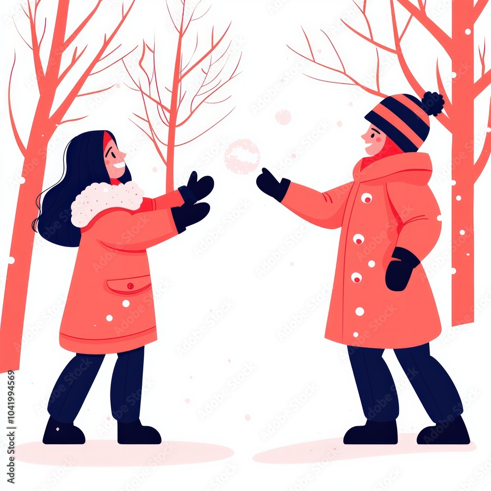 Two Joyful Friends Playing and Sharing Snowballs in a Winter Wonderland Scene Two Joyful Friends Playing and Sharing Snowballs in a Winter Wonderland Scene