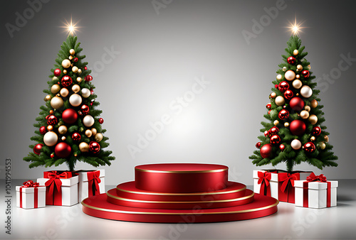 christmas new year themed background designs podiums product display festive decorative objects vector illustration style