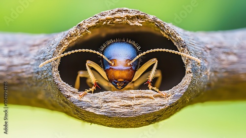 Termite Feeding: A worker termite nibbling on a piece of decaying wood. The focus is on its mouthparts as it breaks down cellulose.  photo