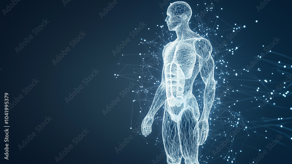 A holographic-style blueprint of a human body, showcasing the circulatory and nervous systems A holographic-style blueprint of a human body, showcasing the circulatory and nervous systems
