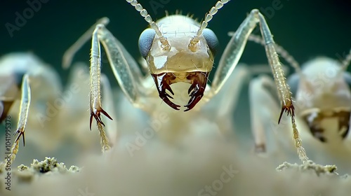 Worker Termites: Zoomed in on a group of worker termites diligently moving soil particles to expand their nest. Their translucent bodies reveal their tireless efforts.  photo