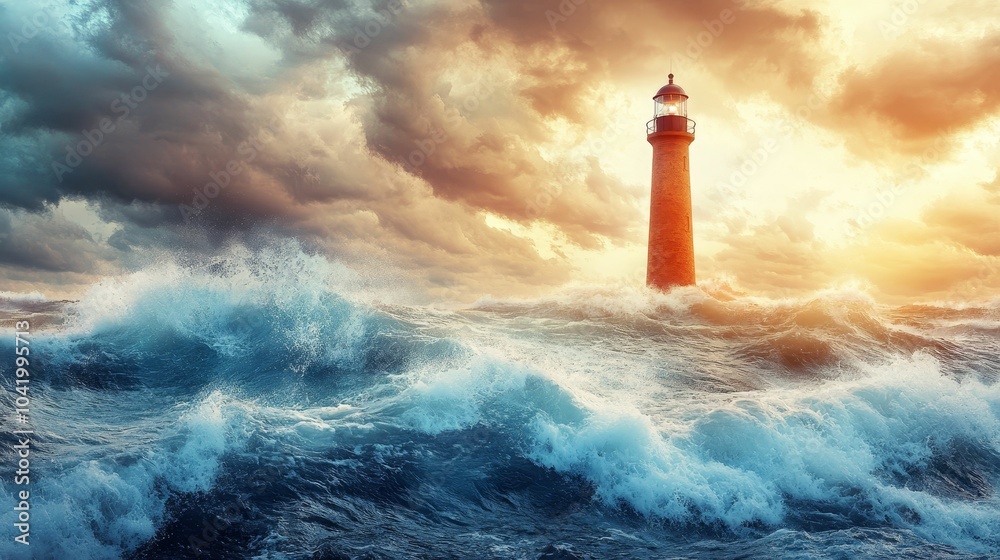 Illustration for a lighthouse in the middle of a stormy sea Illustration for a lighthouse in the middle of a stormy sea