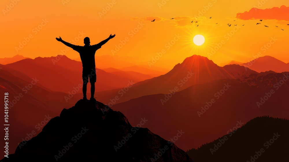 Silhouette of business male stand and feel happy on the most hight at the mountain on sunset, success, leader, teamwork, target, Aim, confident, achievement, goal, on plan, finish, generate by AI Silhouette of business male stand and feel happy on the most hight at the mountain on sunset, success, leader, teamwork, target, Aim, confident, achievement, goal, on plan, finish, generate by AI