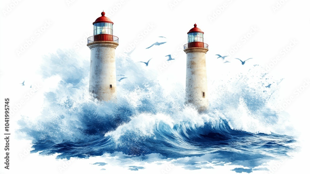 Illustration for a lighthouse in the middle of a stormy sea Illustration for a lighthouse in the middle of a stormy sea