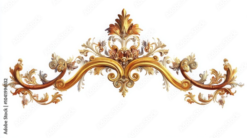 Ornate golden decorative flourish featuring intricate floral and leaf designs, ideal for enhancing elegance in classical interiors. Ornate golden decorative flourish featuring intricate floral and leaf designs, ideal for enhancing elegance in classical interiors.