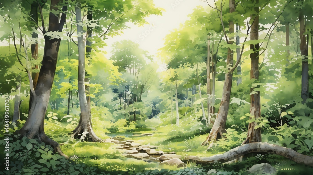 Obraz premium A serene forest scene with lush greenery, sunlight filtering through the trees, and a tranquil pathway lined with stones, creating a peaceful atmosphere.