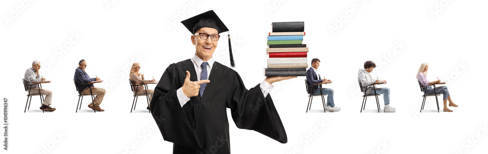 Univeristy dean in a graduation gown holding a pile of books and people sitting in school chairs Univeristy dean in a graduation gown holding a pile of books and people sitting in school chairs